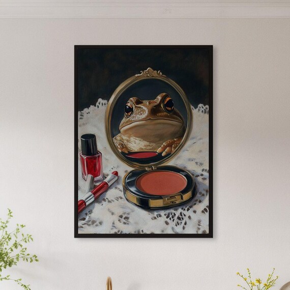 Whimsical Frog Vanity Mirror Poster Funny Makeup Scene Animal Decor