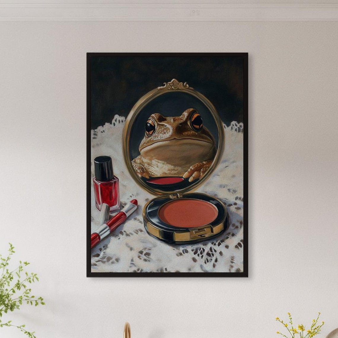 Whimsical Frog Vanity Mirror Poster Funny Makeup Scene Animal Decor