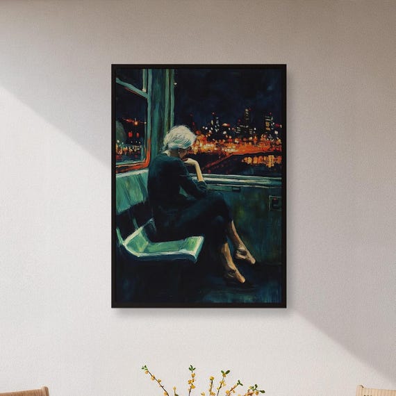 Framed Night City Woman Wall Art Print Moody Urban Train Scene Poster Emotional Cinematic Painting Gift For Modern Loft Or Collector