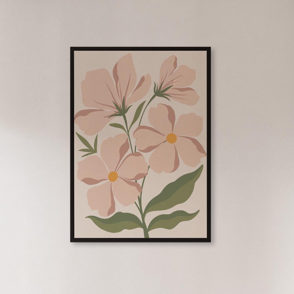 Blush Pink Wildflowers Green Leaves Minimal Botanical Wall Poster