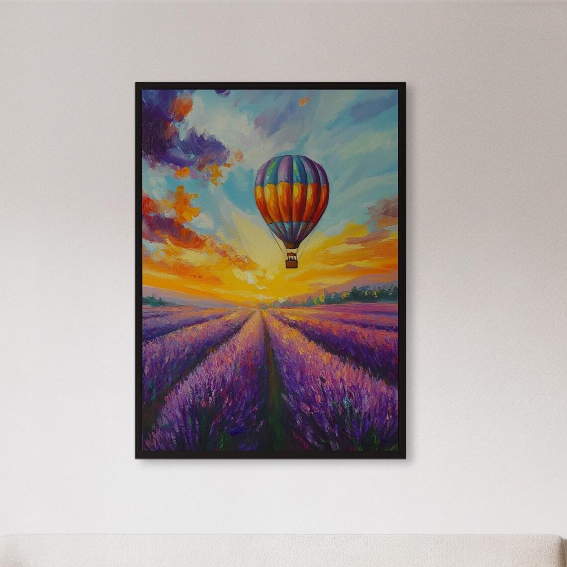Colorful Hot Air Balloon Over Purple Lavender Field Sunset Poster