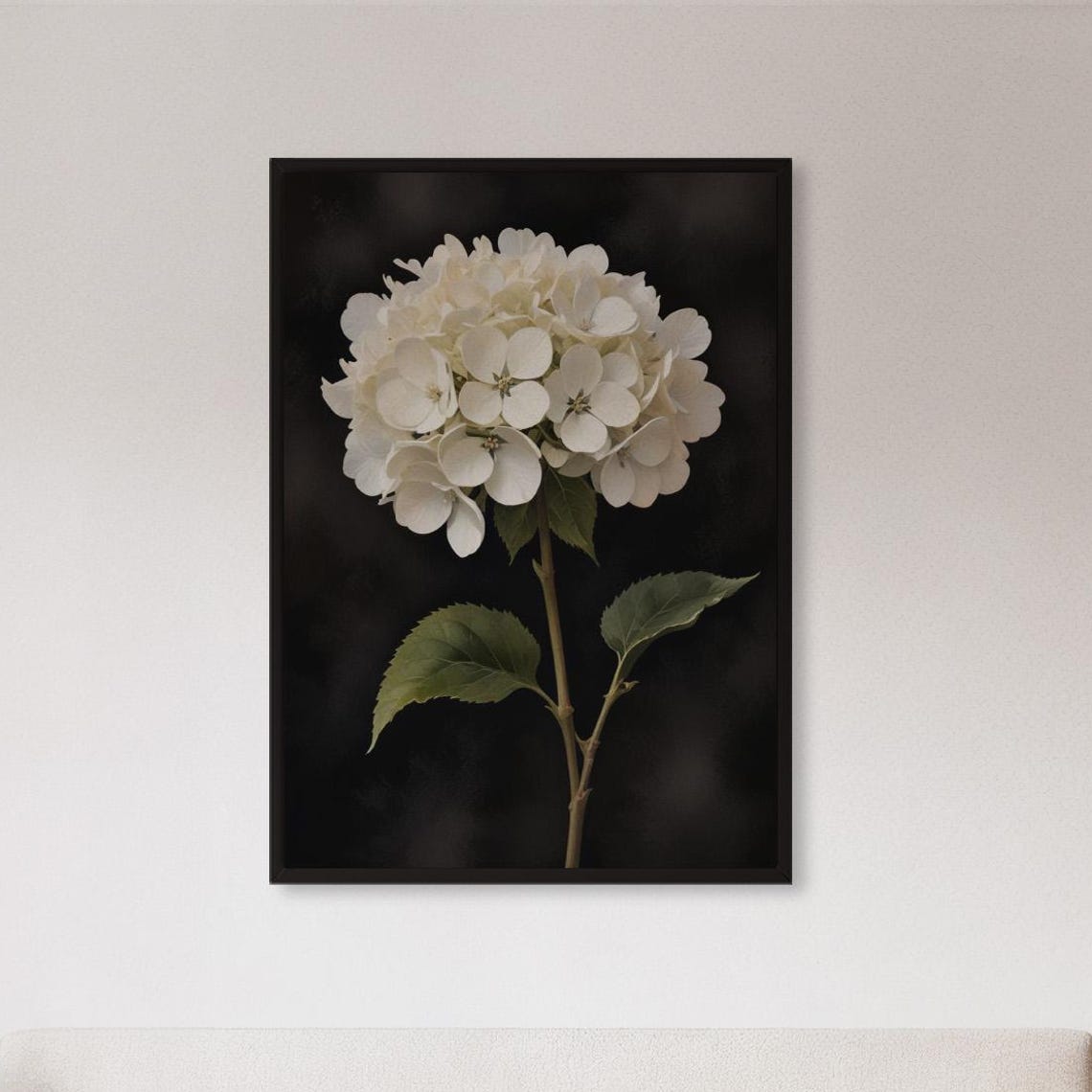 White Hydrangea on Black Dark Botanical Floral Photography Poster