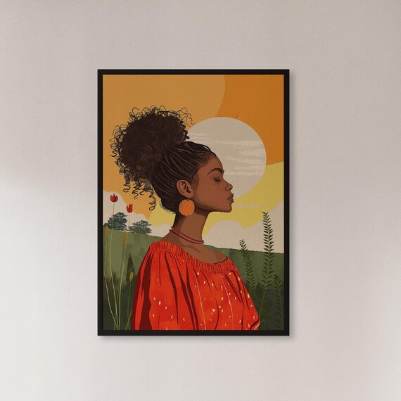 Framed Afro Woman Wall Art Print Vibrant Portrait With Sunset And Nature Background Bold Modern Decor Gift For Her Home Or Gallery Space