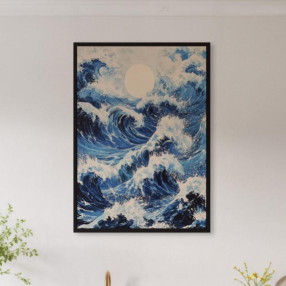 Framed Ocean Wave Wall Art Print Japanese Style Blue Sea Poster Modern Nautical Decor Gift For Beach Lover Or Coastal Zen Interiors