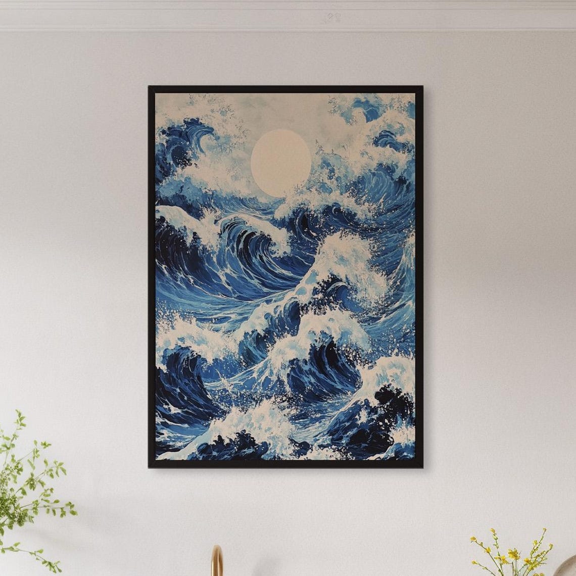 Framed Ocean Wave Wall Art Print Japanese Style Blue Sea Poster Modern Nautical Decor Gift For Beach Lover Or Coastal Zen Interiors