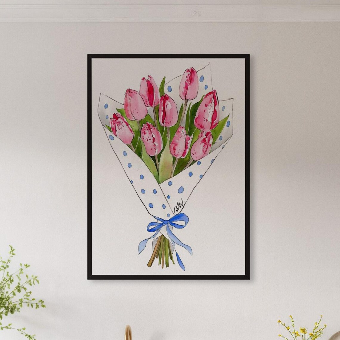 Pink Tulip Bouquet Polka Dot Paper Wrap Watercolor Floral Poster
