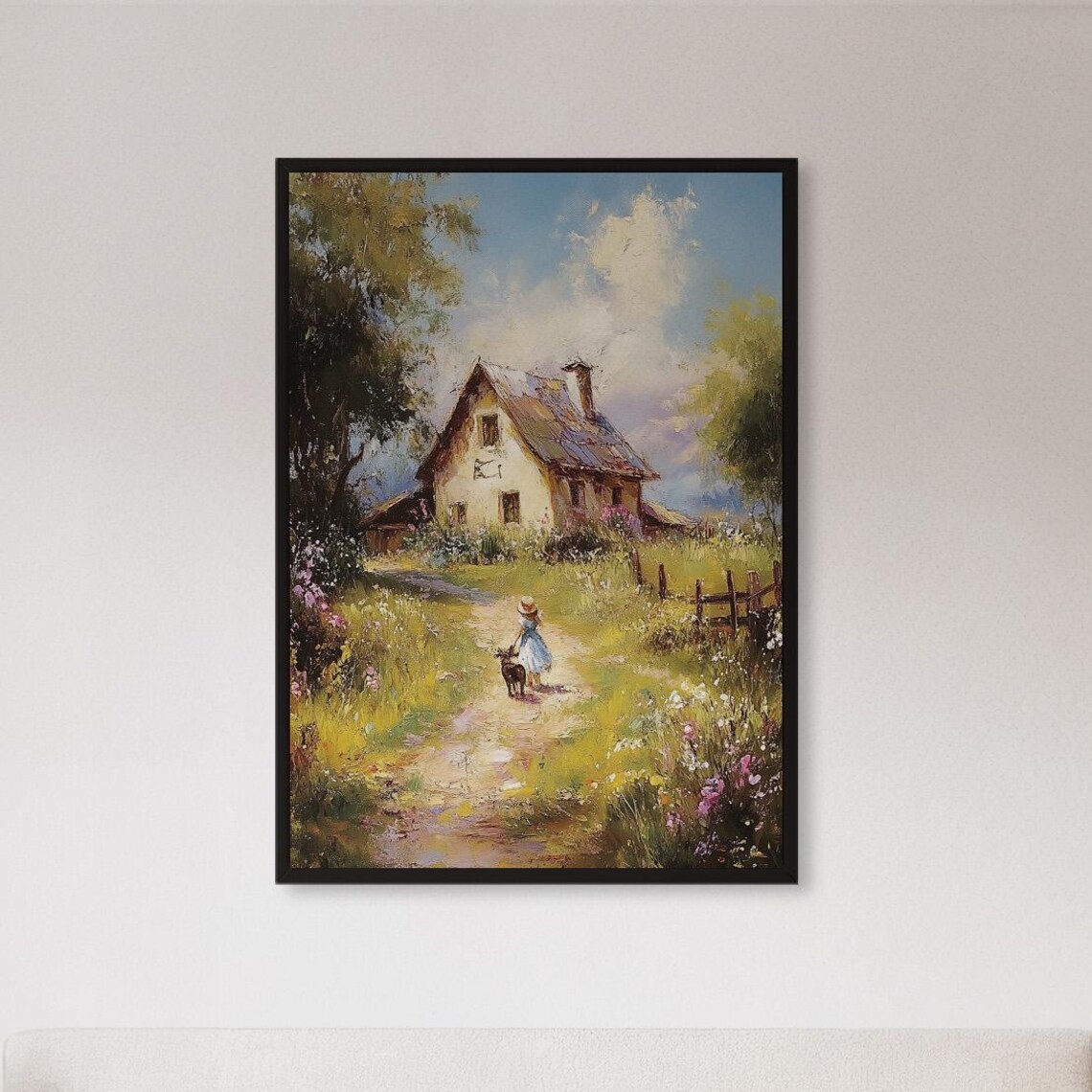 Cottage Garden Spring Path Girl Dog Floral Painting Wall Poster