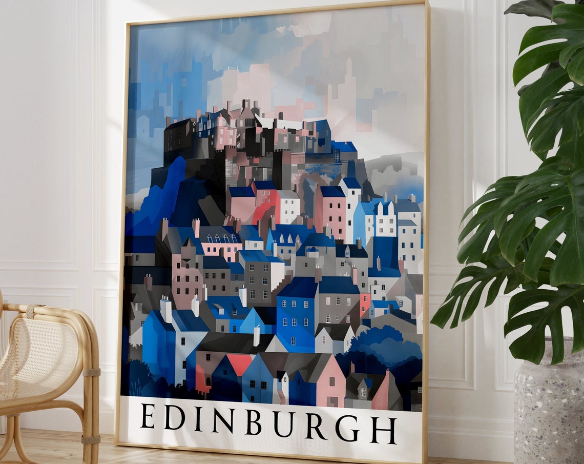 Edinburgh Castle Cubist Blue Pink Cityscape Travel Art Poster - Image 3