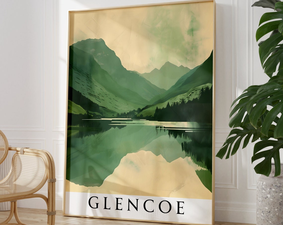 Glencoe Green Loch Mountain Reflection Landscape Travel Poster - Image 2