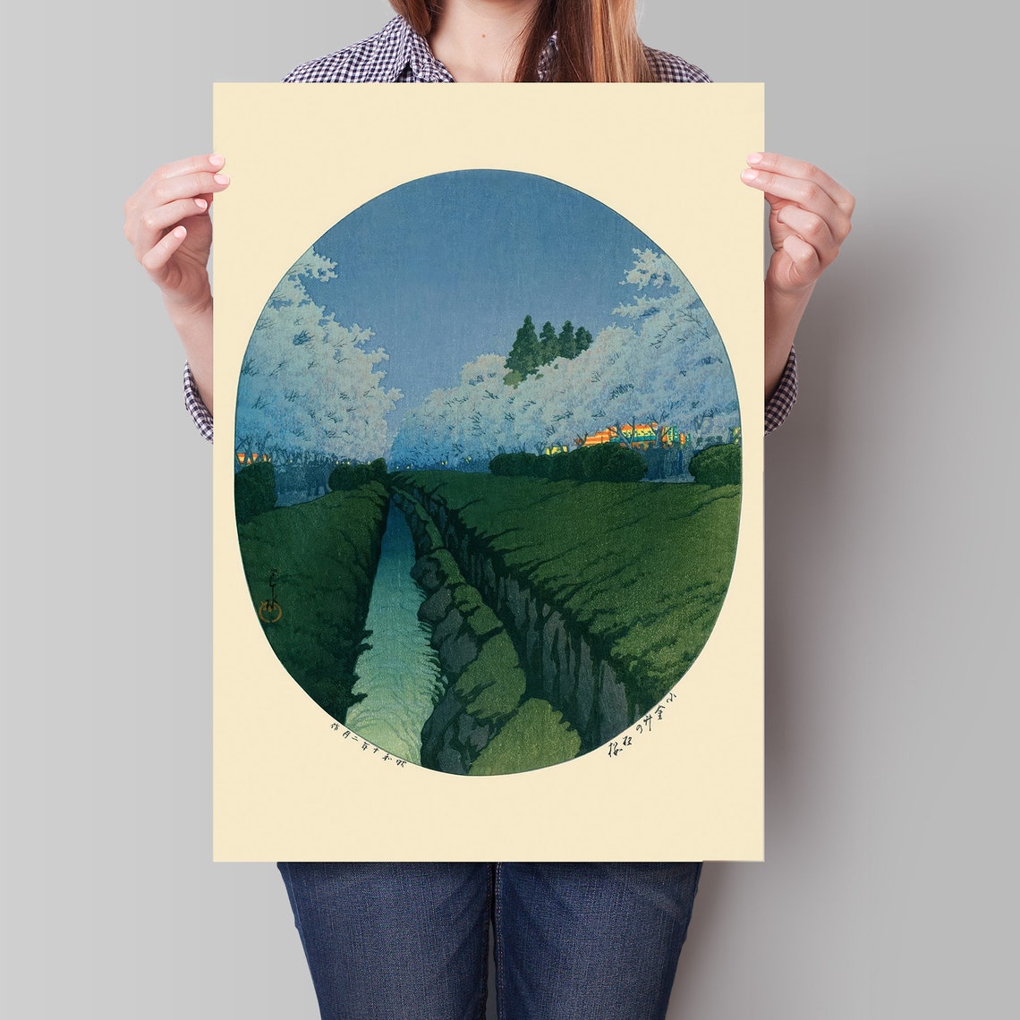 Japanese Cherry Blossoms Night Stream Oval Woodblock Art Poster - Image 4