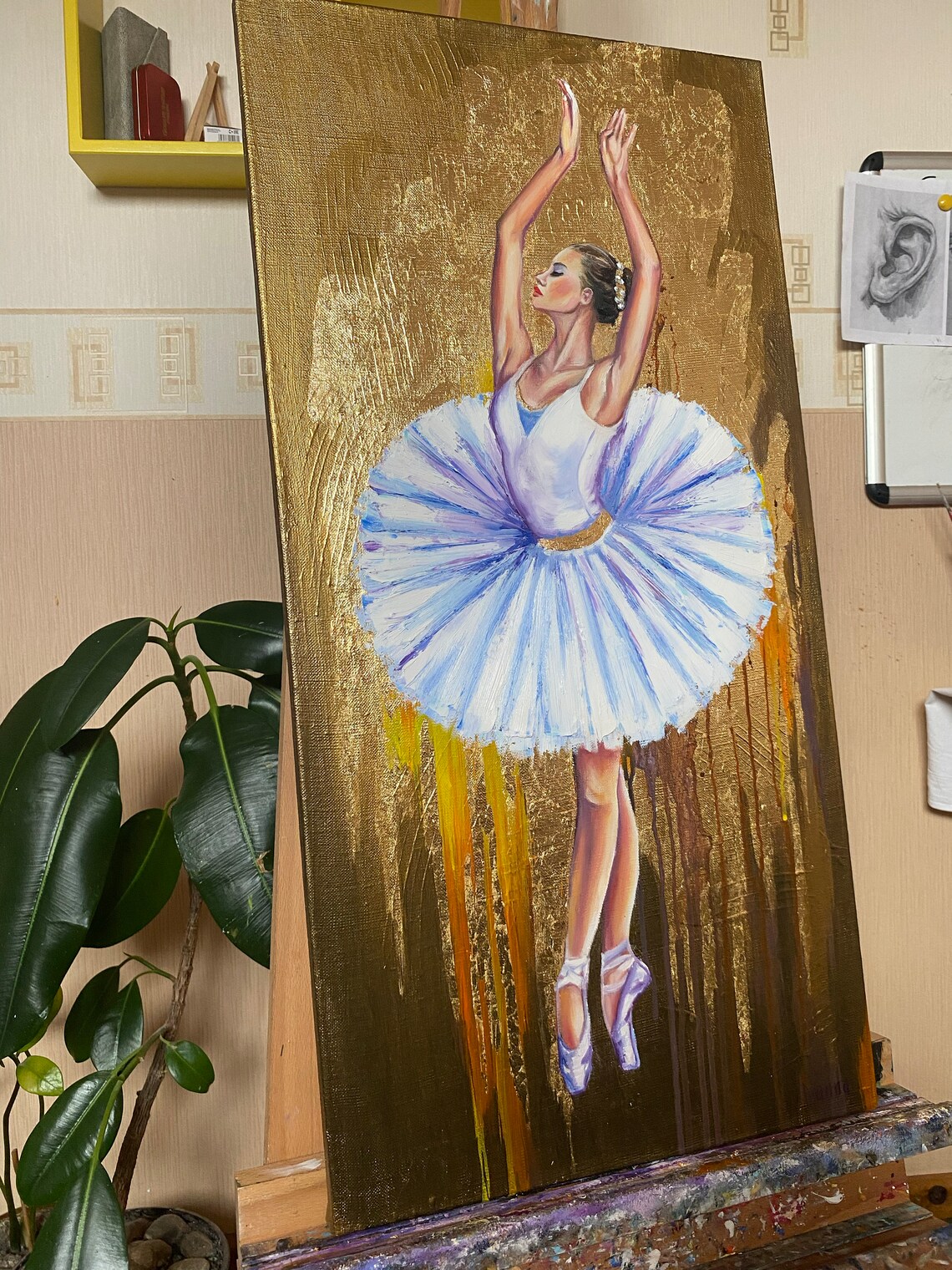 Ballerina White Tutu Gold Background Oil Painting Elegant Dancer Art Poster - Image 3