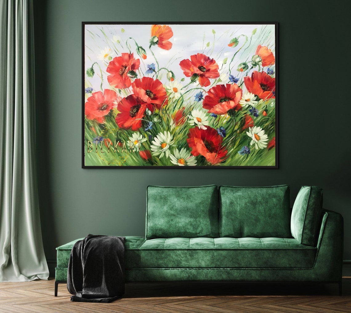 Poppy Field Oil Painting Original Art Work Red Poppies Painting On Wildflowers Art Floral Meadow Painting Ukrainian Poppy Wall Art - Image 3