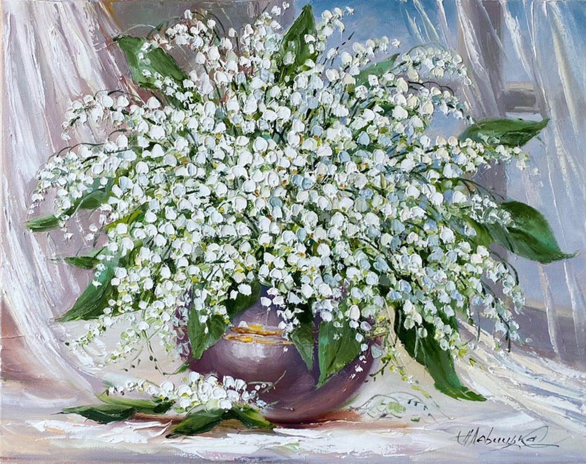 Lily Of The Valley Oil Painting Original Spring Flowers Art Green Botanical Wall Decor Bouquet In Vase Impasto Flowers Painting On