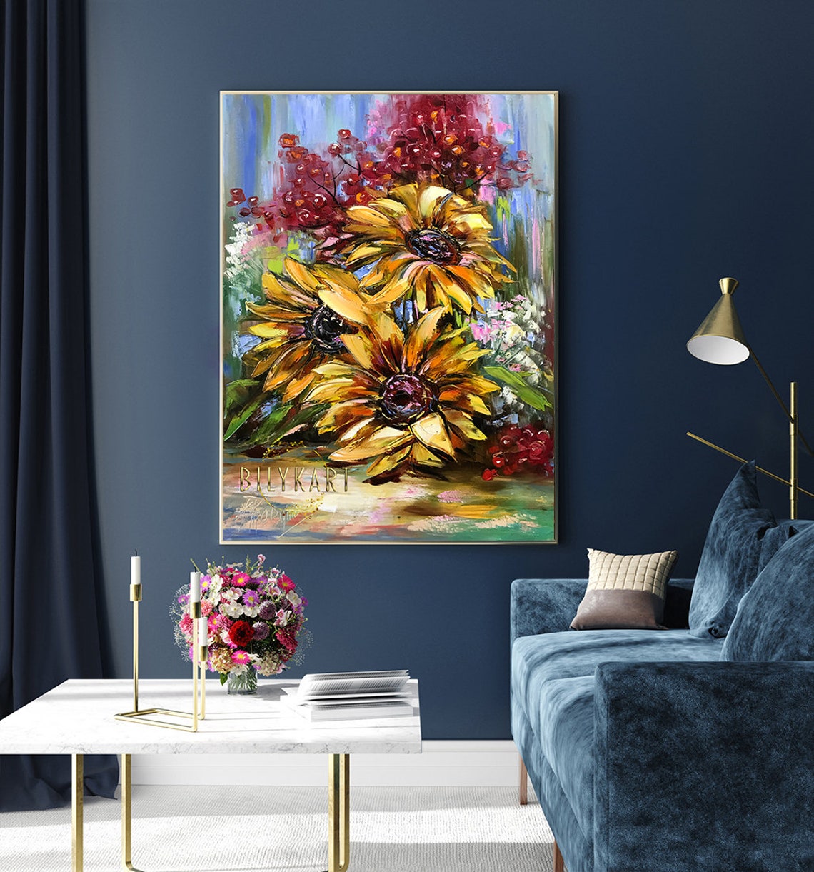 Golden Sunflowers Red Berries Palette Knife Floral Still Life Poster - Image 2