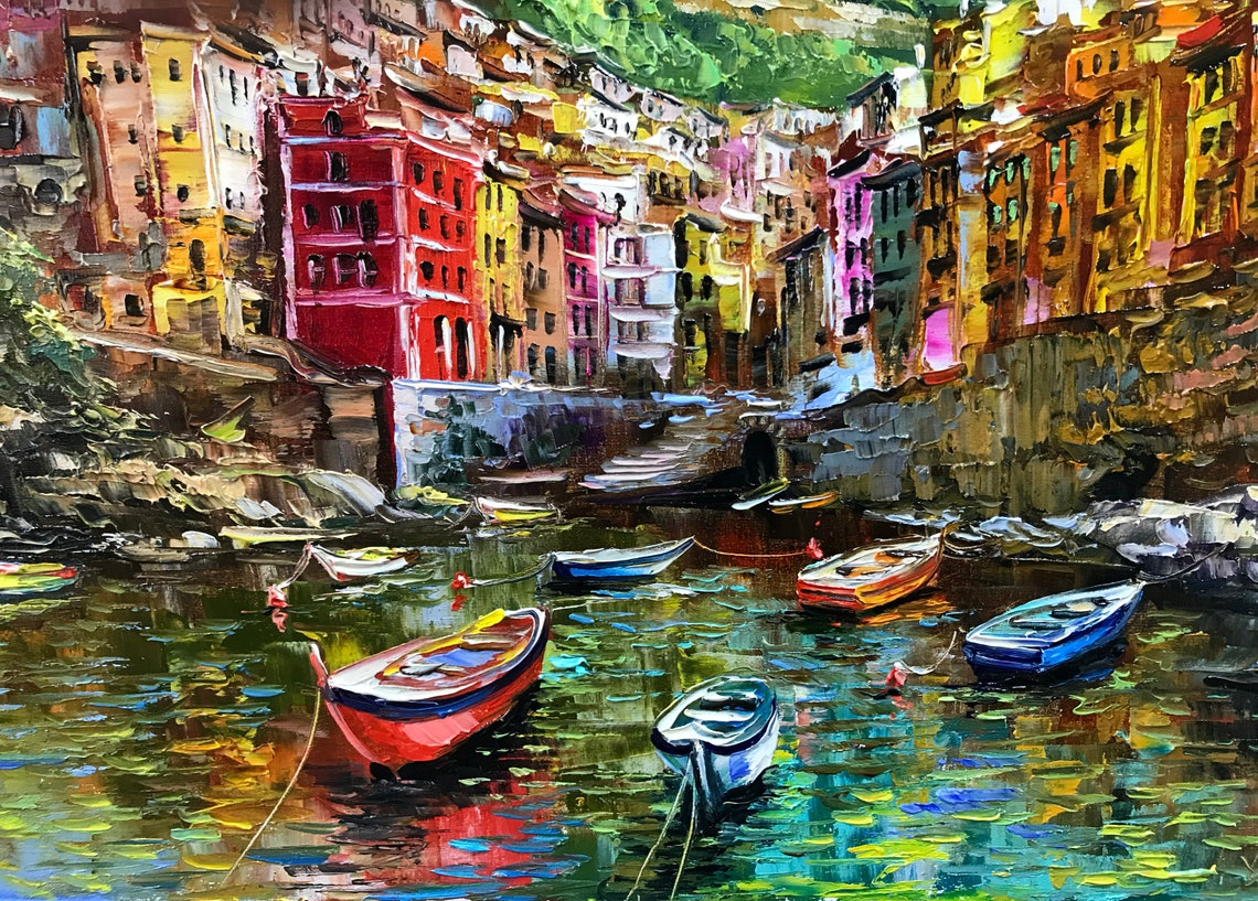 Cinque Terre Painting On Italy Riomaggiore Painting Italian Landscape Art Italy City Painting Italian Coastal Village Oil Painting - Image 2