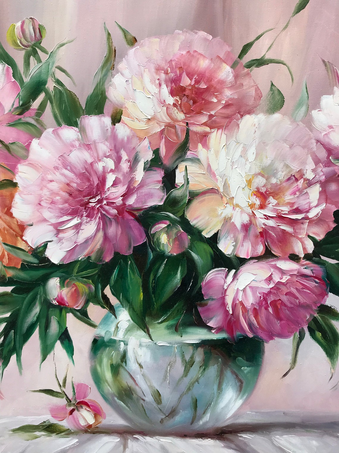 Peony Bouquet Painting Original Art Work Pink Flowers Painting Peony Wall Art Victorian Oil Painting Still Life Flowers Painting On - Image 2