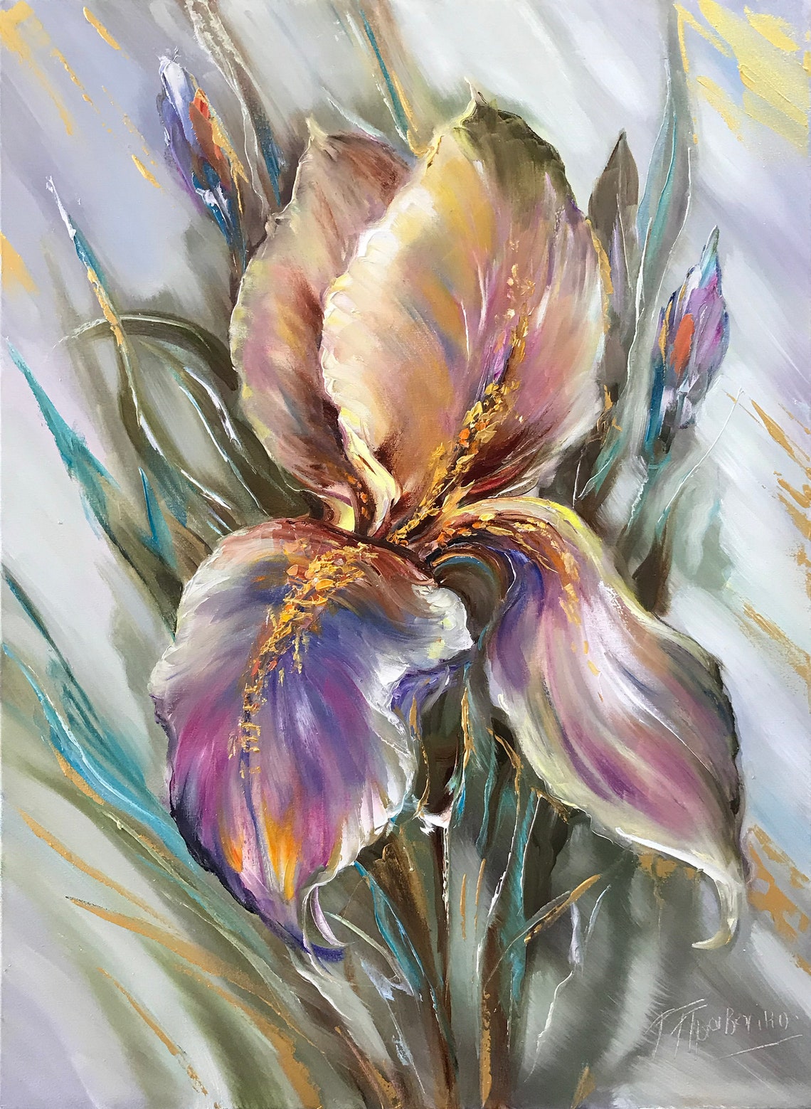 Abstract Iris Flower Pink Purple Gold Elegant Botanical Art Poster - Image 3