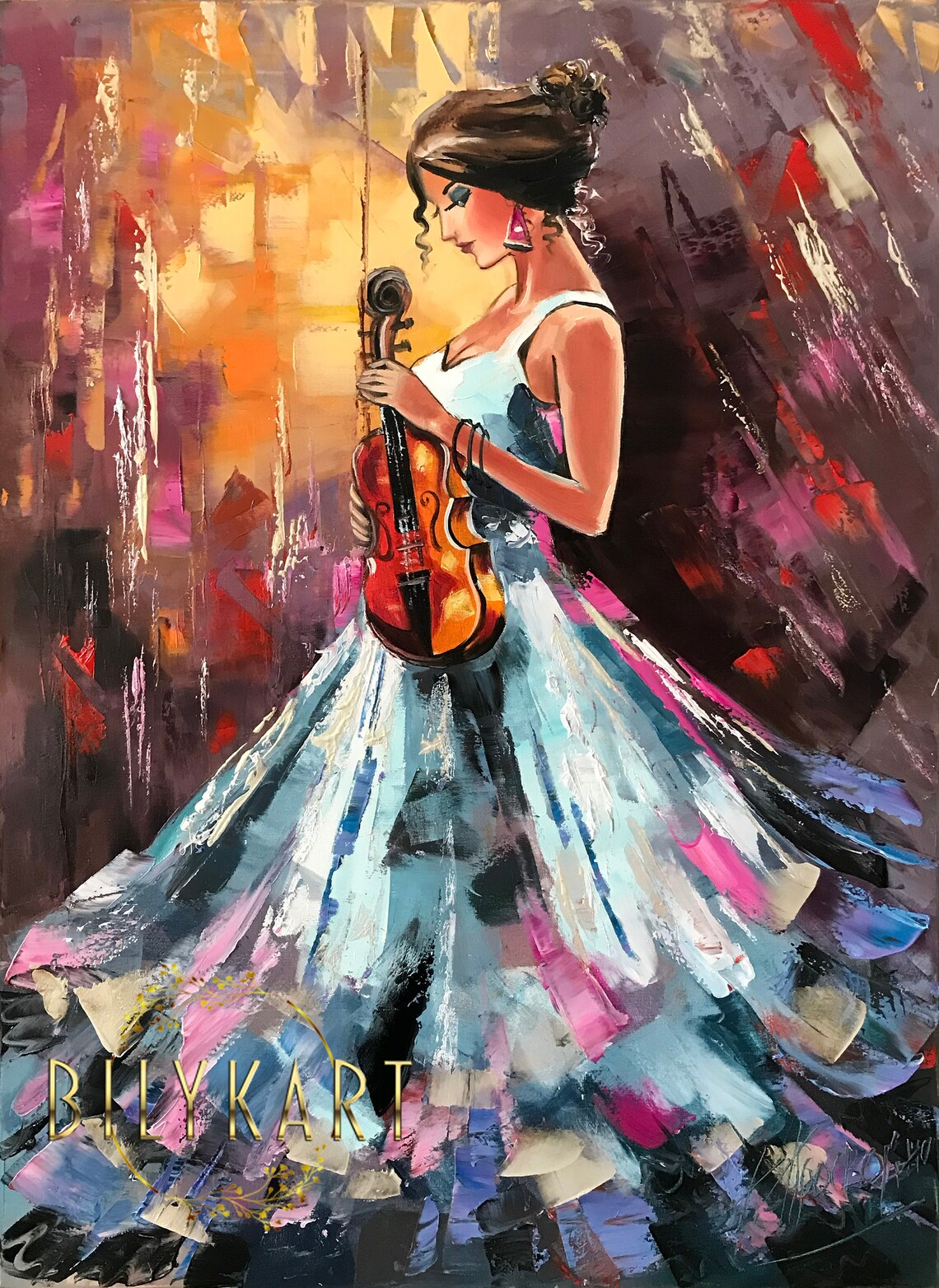 Woman With Violin Flowing Gown Oil Painting Music Wall Art Poster - Image 3