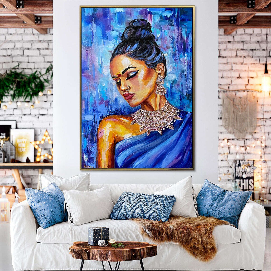 Indian Woman In Blue Sari Silver Jewelry Ethnic Portrait Painting - Image 2