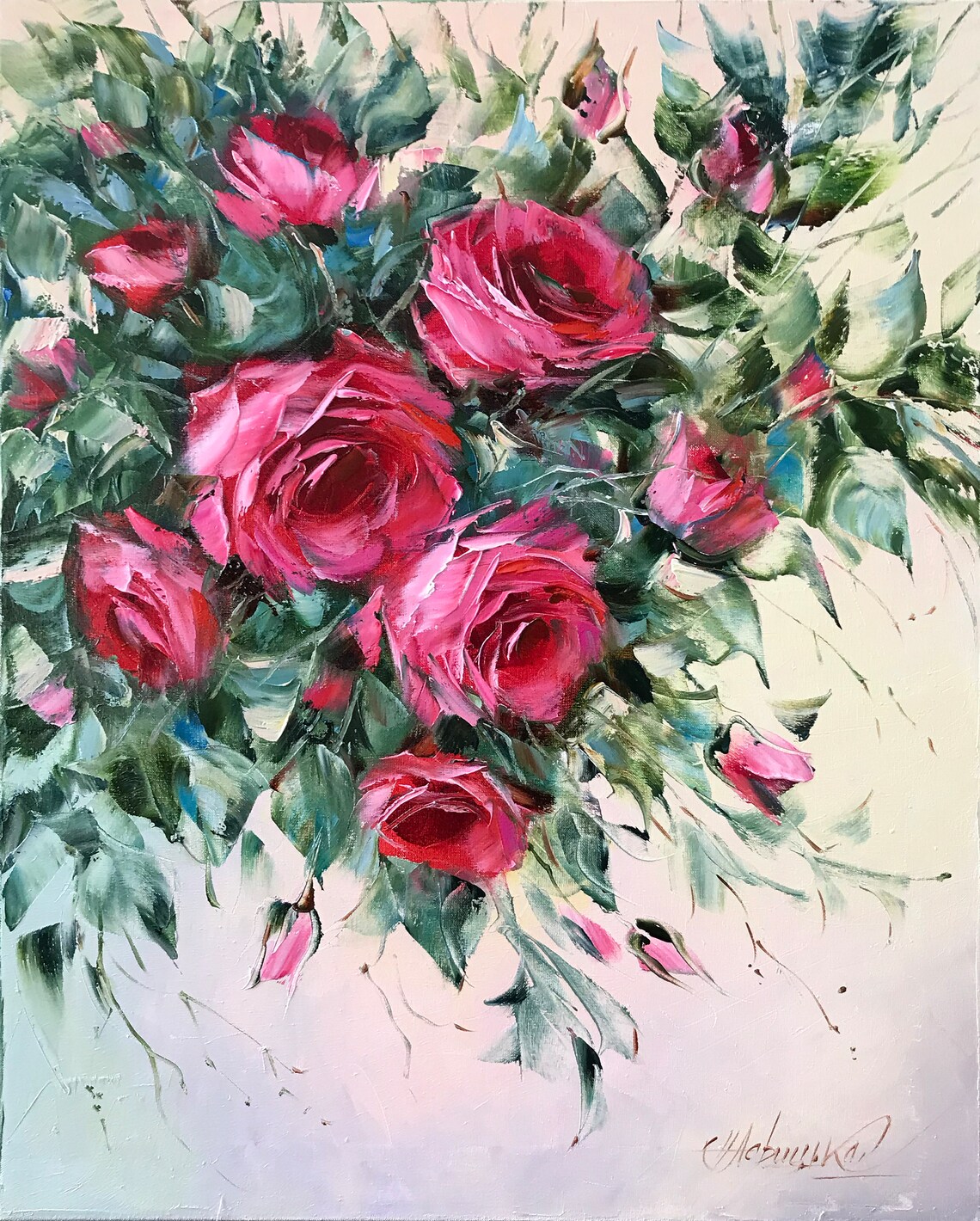 Pink Rose Painting On Abstract Floral Oil Painting In Gold Frame 20x28 Floral Art Pink Roses Painting Original Rose Artwork