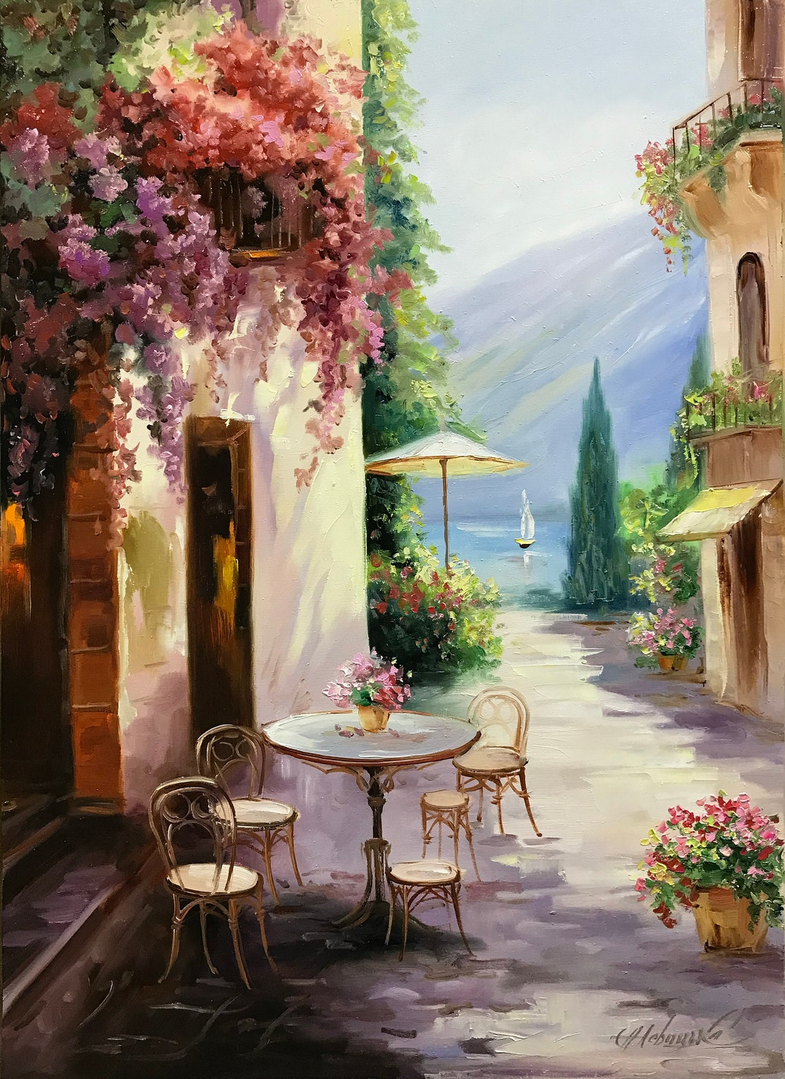 Amalfi Coast Italy Oil Painting Original Positano Coast Painting On Italy Wall Art Italian Cafe Oil Painting Italian Coast Artwork