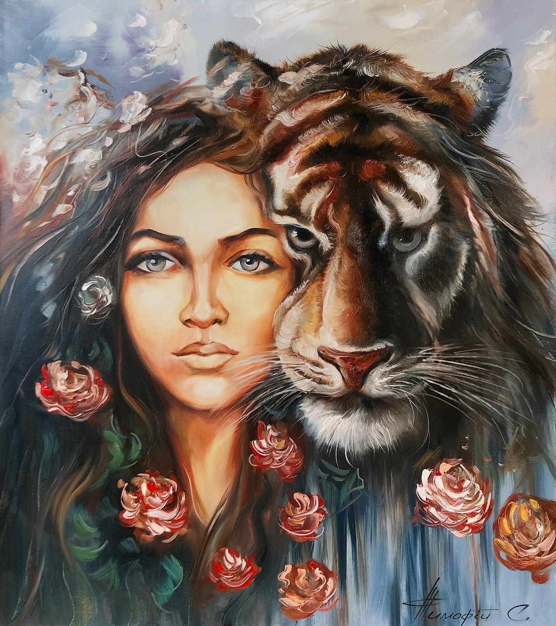 Tiger Face Oil Painting, Colorful Blue-Eyed Art Print
