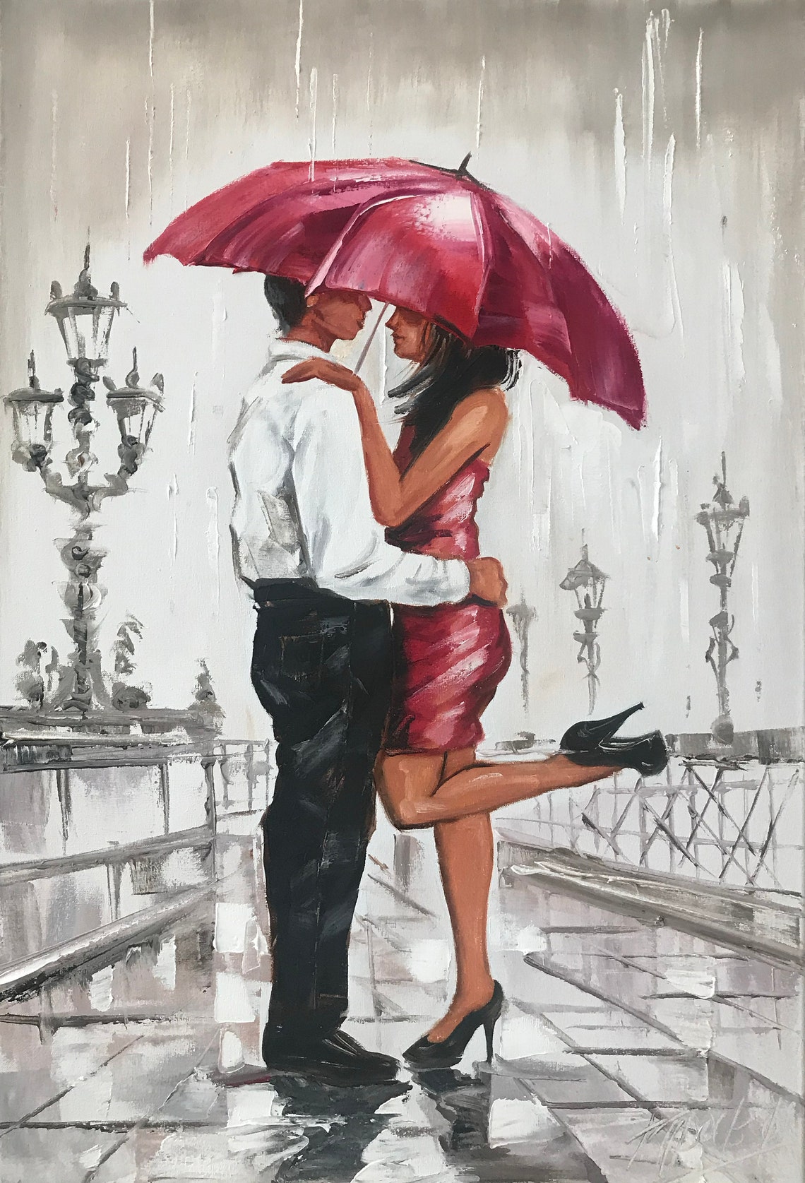 Couple Under Umbrella Oil Painting Original Romantic Wall Art Gray Pink Bedroom Decor Romantic Gifts For Her Love Couple Painting On - Image 2