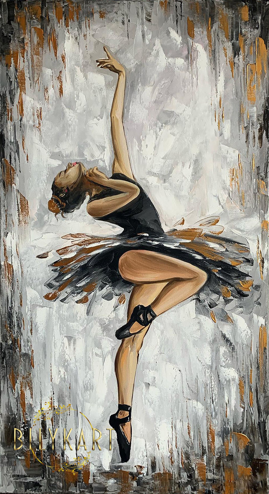Black Tutu Ballerina Dancer Oil Painting Gray Abstract Wall Art Poster - Image 3