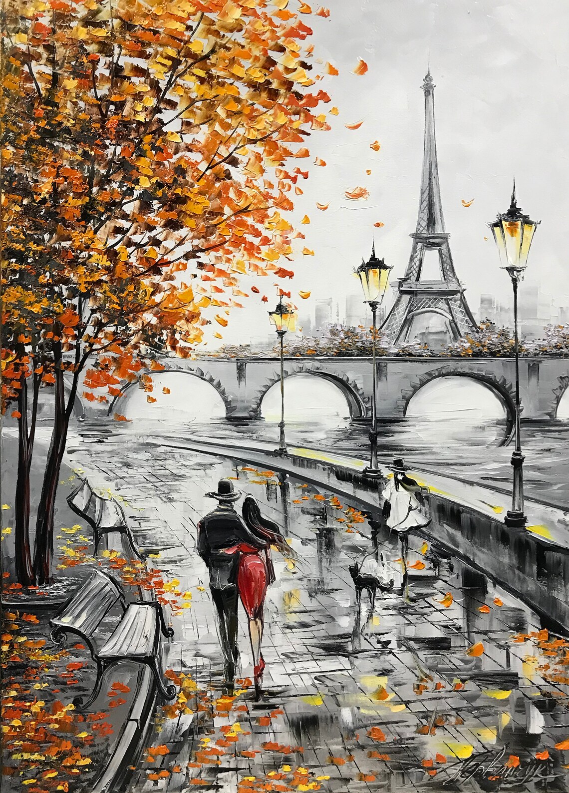 Eiffel Tower Couple in Love Fall Oil Painting - Image 3