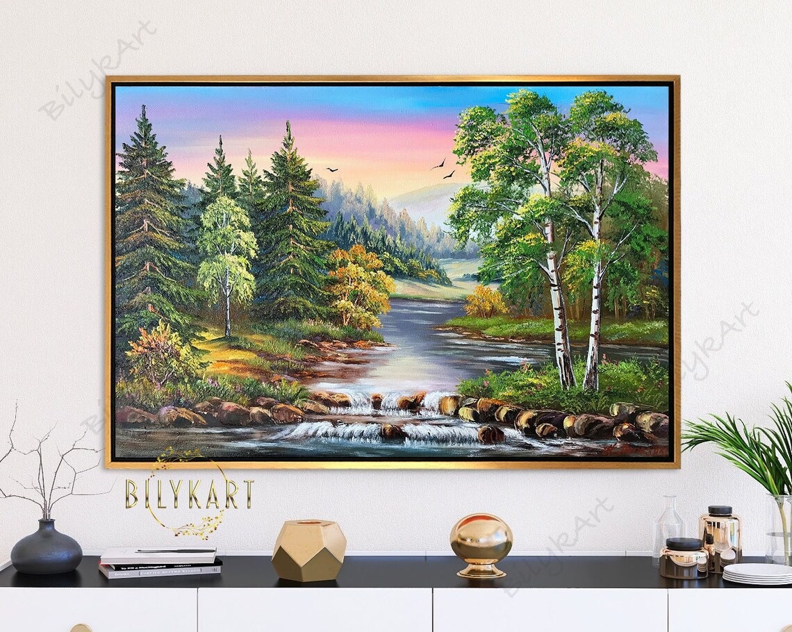 Green Forest River Oil Painting Wall Art Print - Image 3