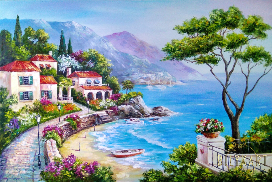 Amalfi Coast Cliffside Villas Red Roofs Cove Boats Italy Sea Poster