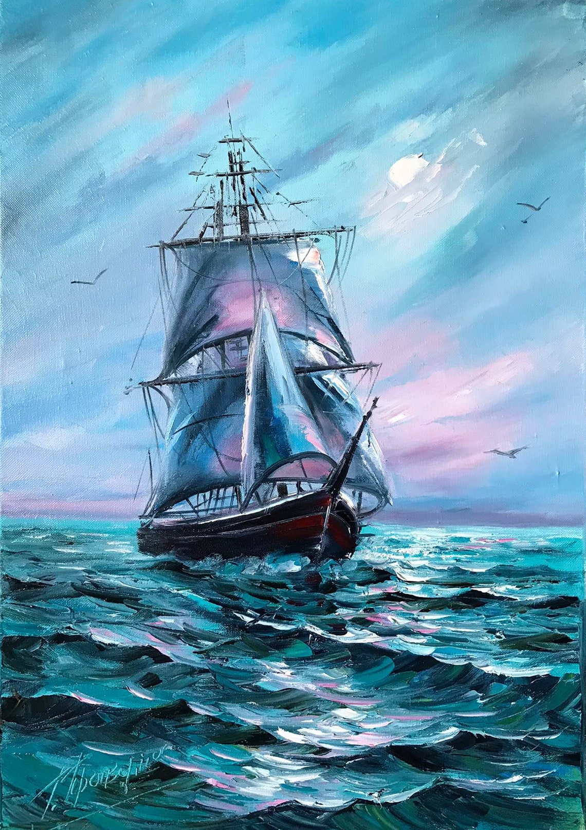 Large Sailing Ship Oil Painting Original Navy Blue Ocean Waves Painting Nautical Art Seascape Oil Painting Sailing Yacht Wall Art