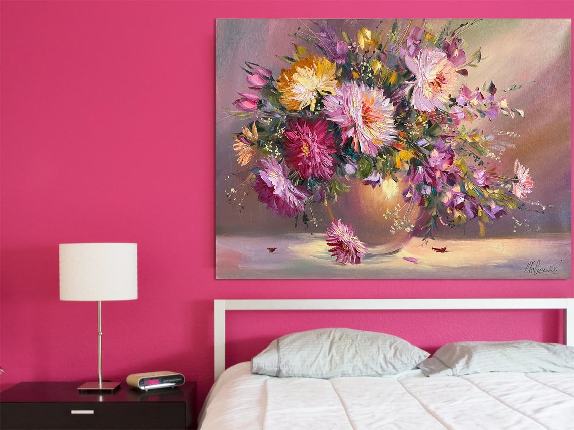 Large Flowers Oil Painting Original Chrysanthemum Wall Art Pink Floral Oil Artwork Summer Flowers In Vase Painting On 30x40 - Image 3