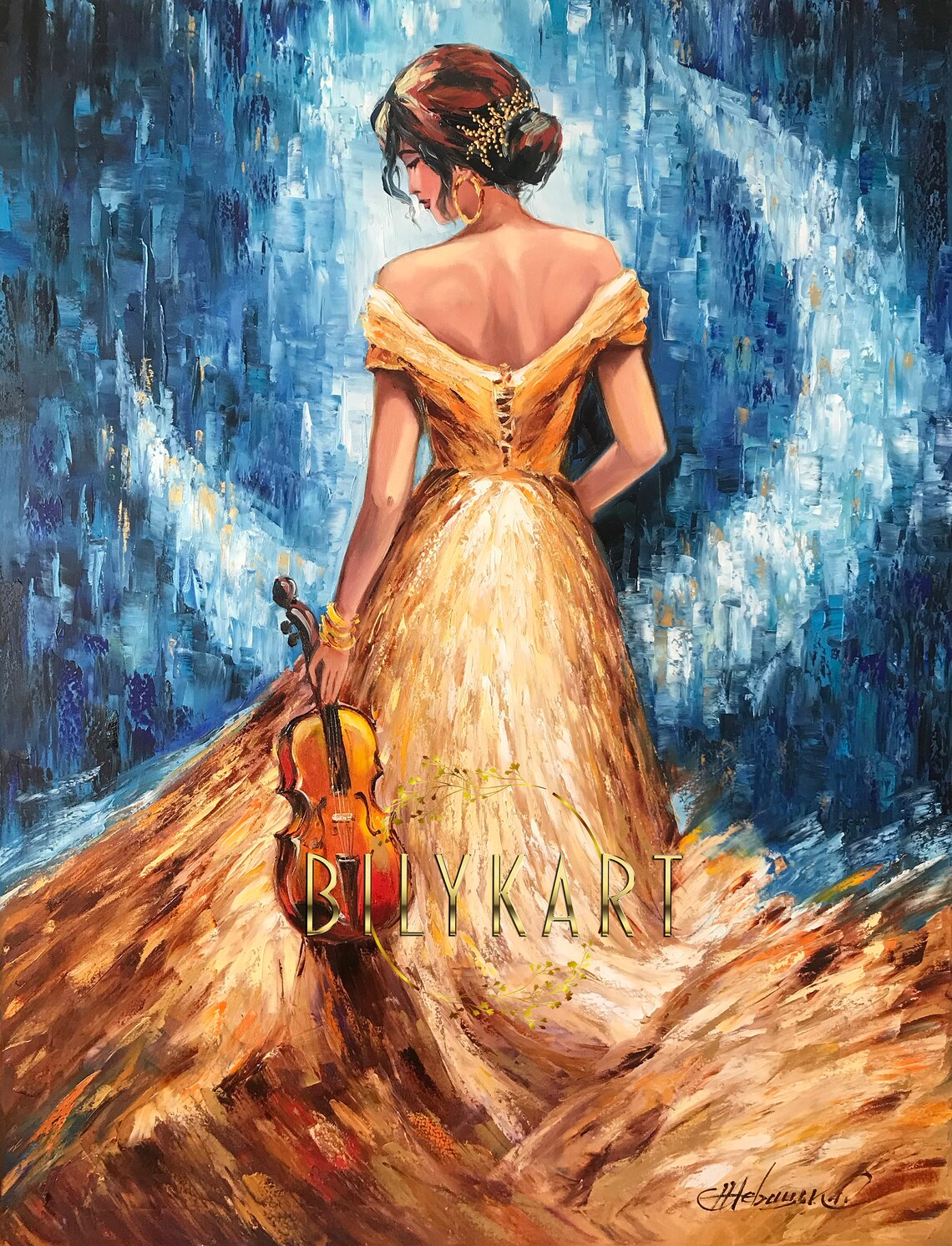 Elegant Woman Gold Dress Violin Moonlit Blue Night Music Art Poster - Image 3