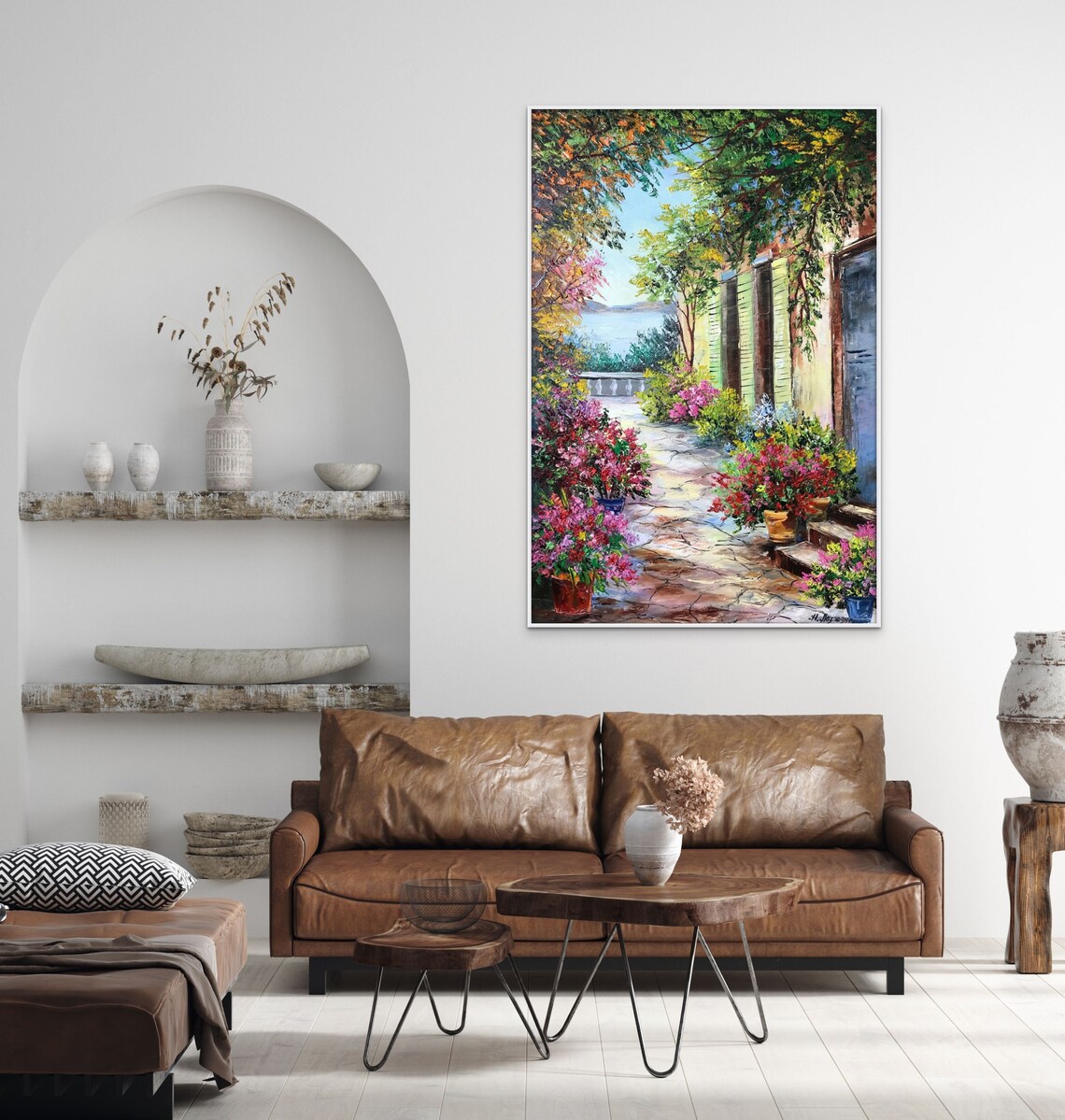 Italian Mediterranean Terrace Garden Sea View Oil Painting Poster - Image 2