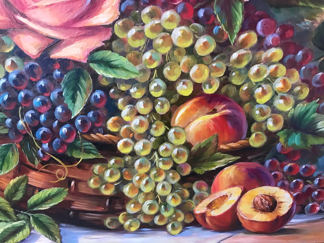 Still Life Fruit Basket, Classical Oil Painting Art Print - Image 3