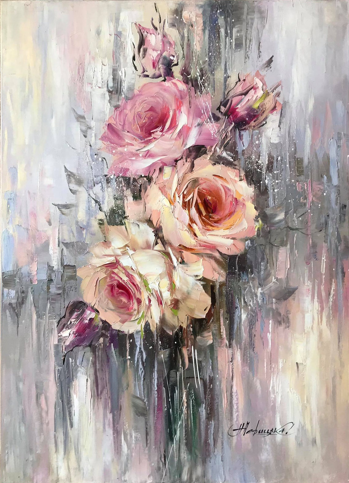 Abstract Pink Roses Gray Beige Background Modern Floral Oil Poster - Image 3