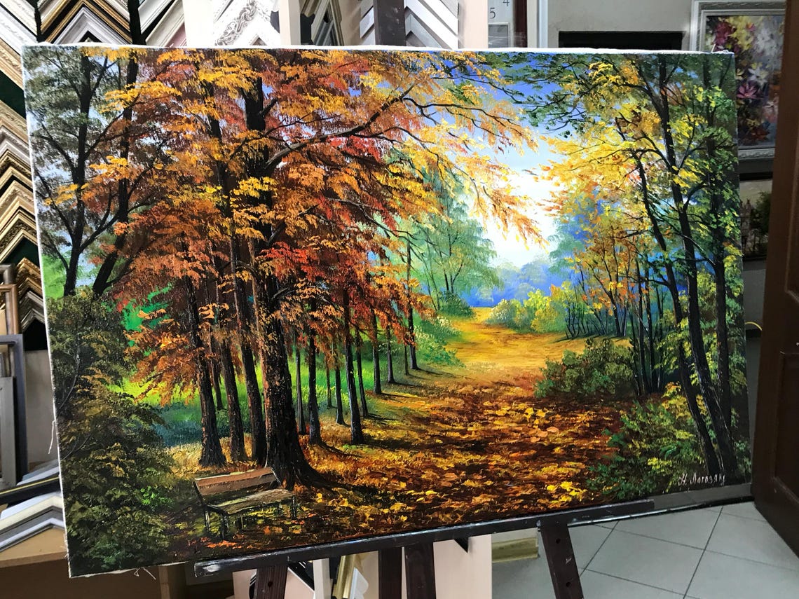 Autumn Forest Golden Path Park Bench Fall Foliage Oil Painting Poster - Image 3