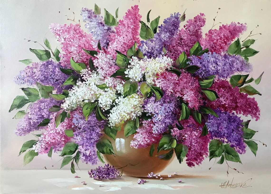 Purple Pink White Lilac Bouquet In Vase Still Life Floral Art Poster