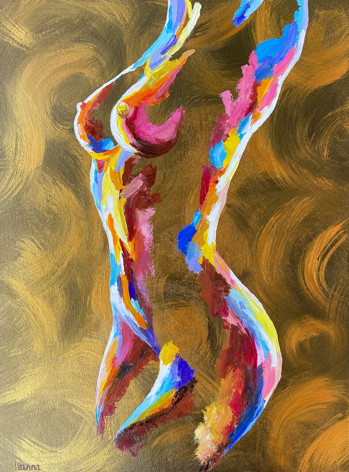 Abstract Colorful Nude Woman Figure Gold Background Art Print - Image 3