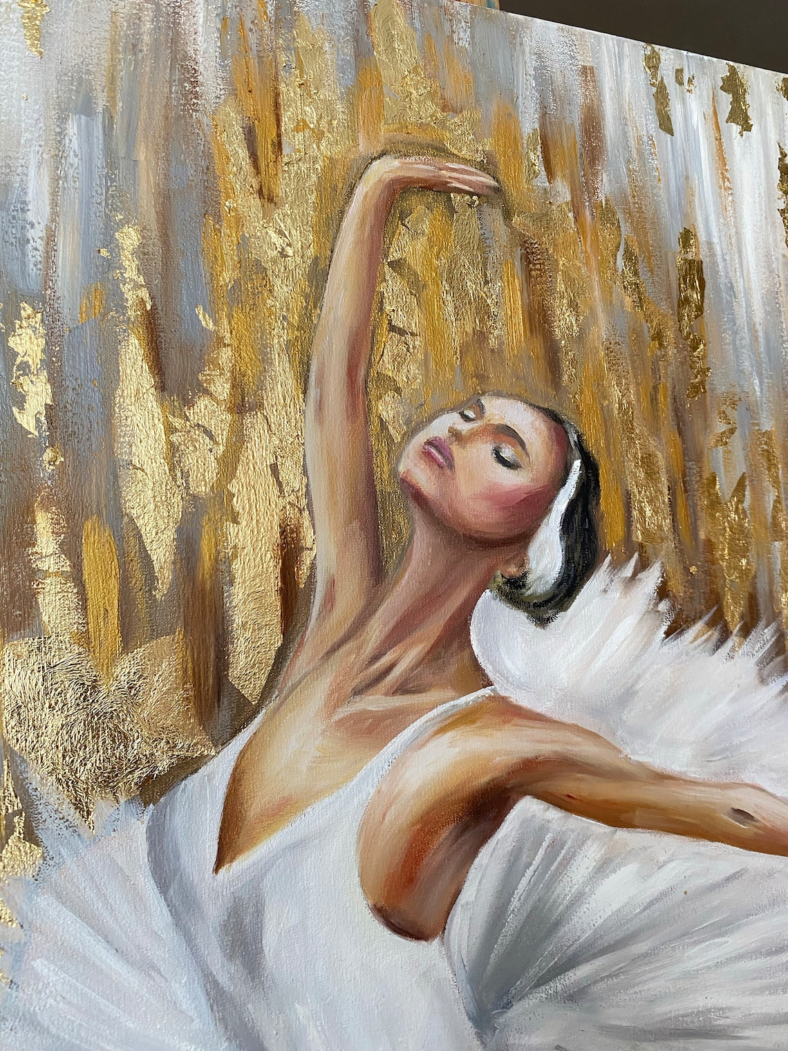 Ballerina White Tutu Gold Leaf Oil Painting Dance Wall Art Poster - Image 3