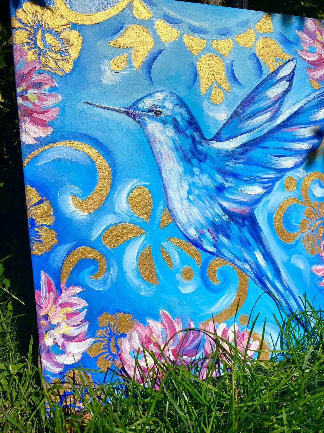 Bird Painting Original Blue Bird Oil Painting On Small Bird Wall Art Humming Bird Art Hummingbird Original Painting Bird Lover Gift - Image 2