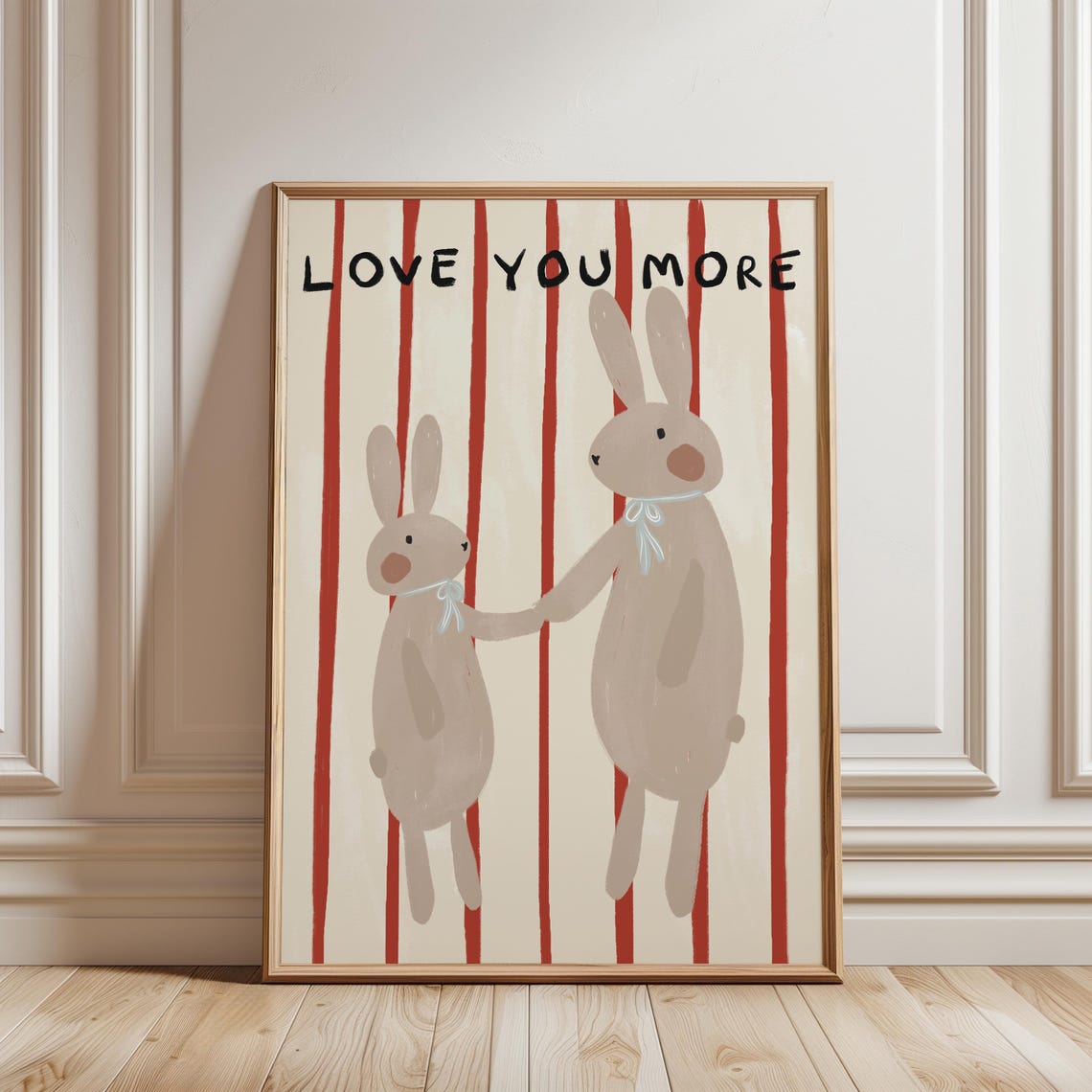 Love You More Bunny Pair Red Striped Kids Room Nursery Poster