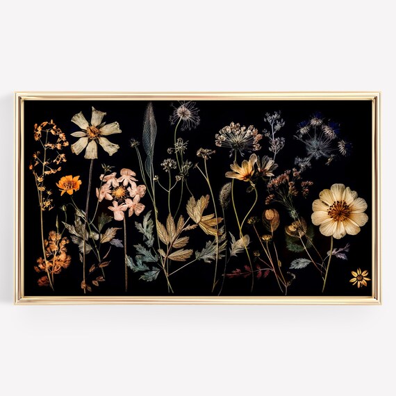 Pressed Wildflowers Botanical Black Background Floral Art Poster