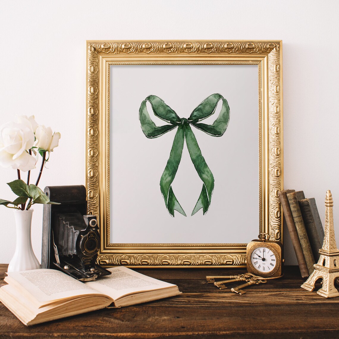 Green Watercolor Bow Minimalist Ribbon Painting Neutral Wall Art - Image 3