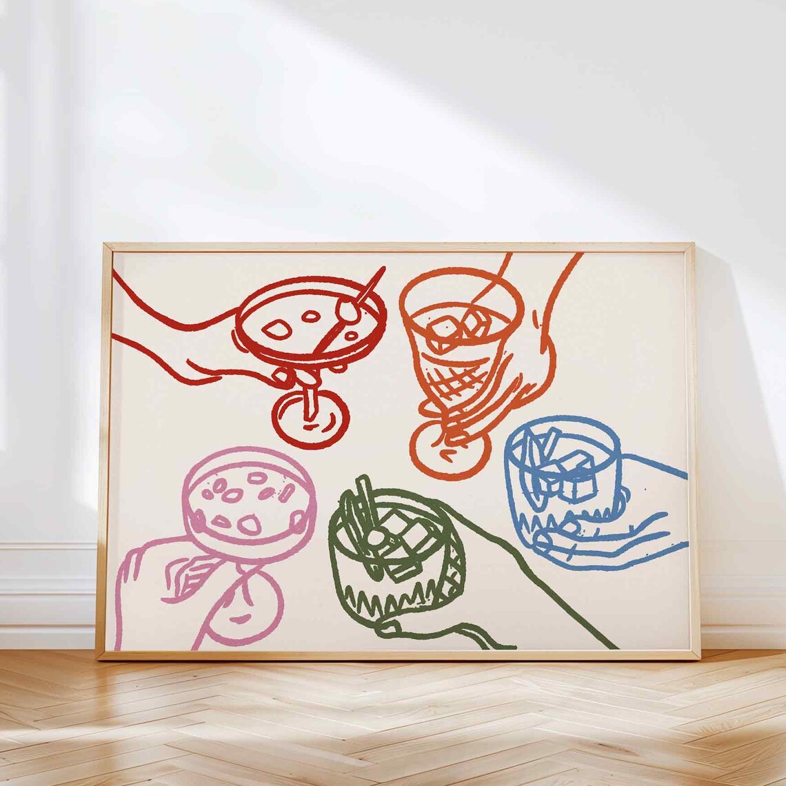 Cheers Drinks Poster, Funky Cocktail Glasses Retro Decor