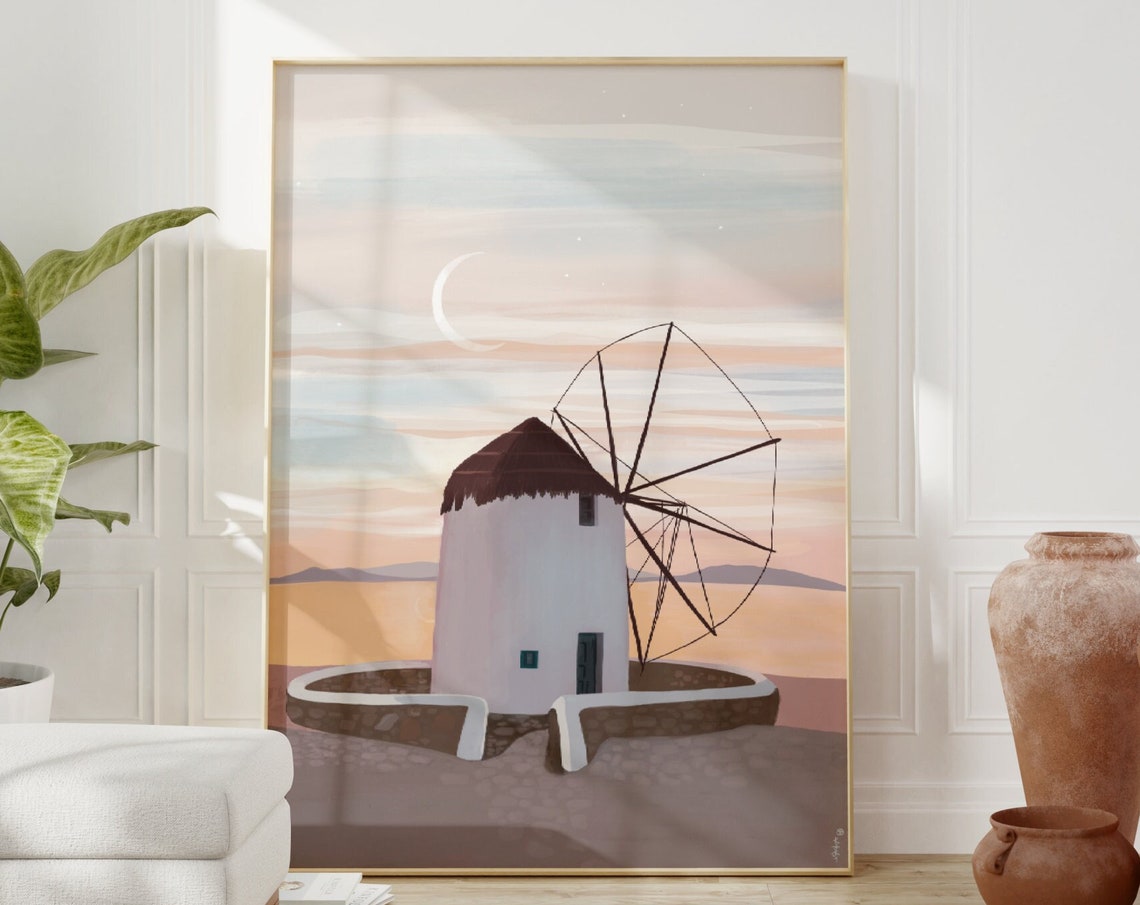 Santorini Greece Cycladic Windmill Sea Sunset Crescent Moon Art Poster