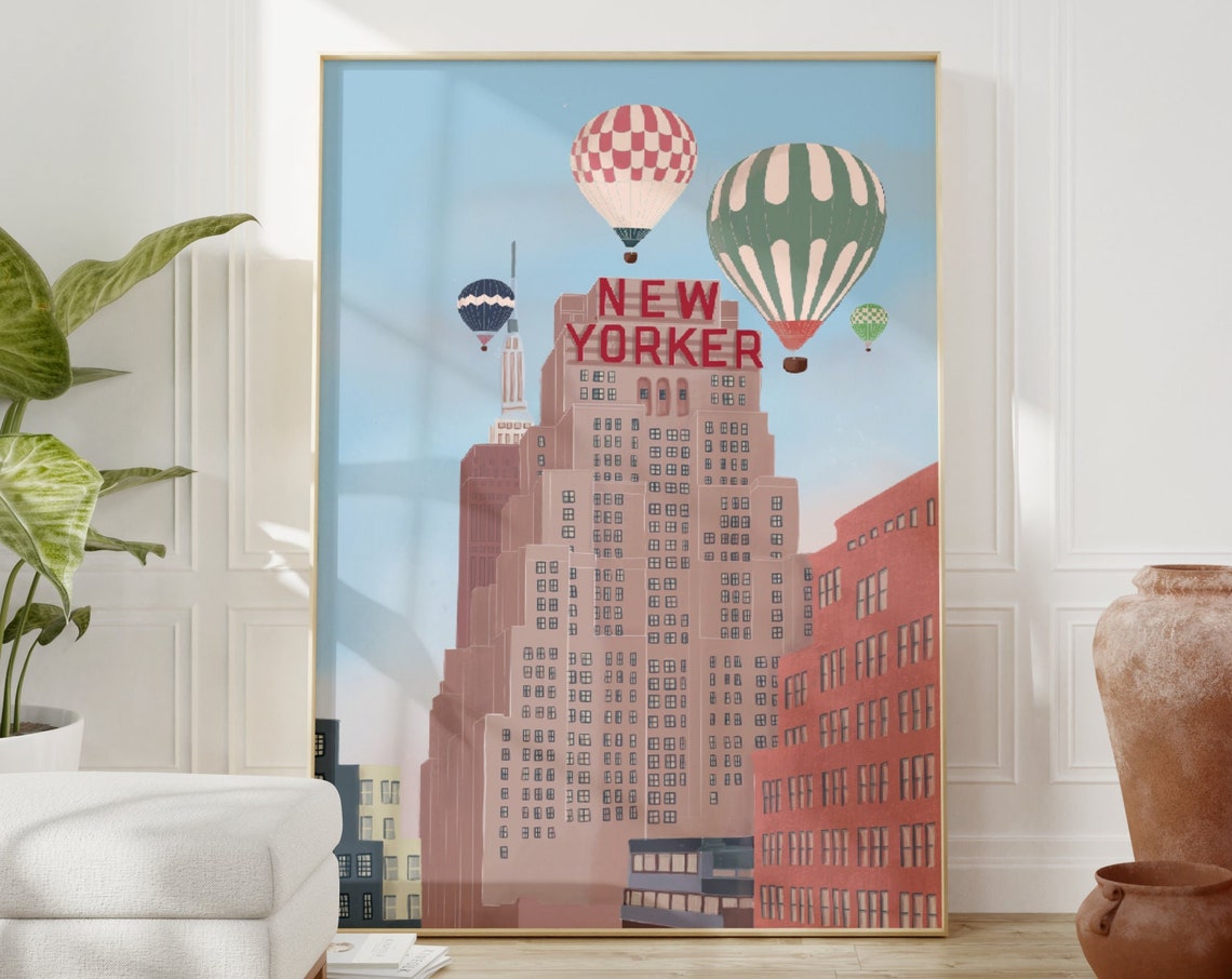 New York Illustration New York Travel Art Hot Air Balloons Wall Art Ny Travel Print Vintage Travel Poster New York Travel Poster