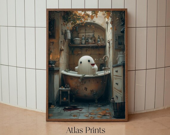 Cute Ghost In Hot Tub Halloween Print Dark Academia Naked Ghost Spooky Decor Funny Victorian Bathroom Wall Art