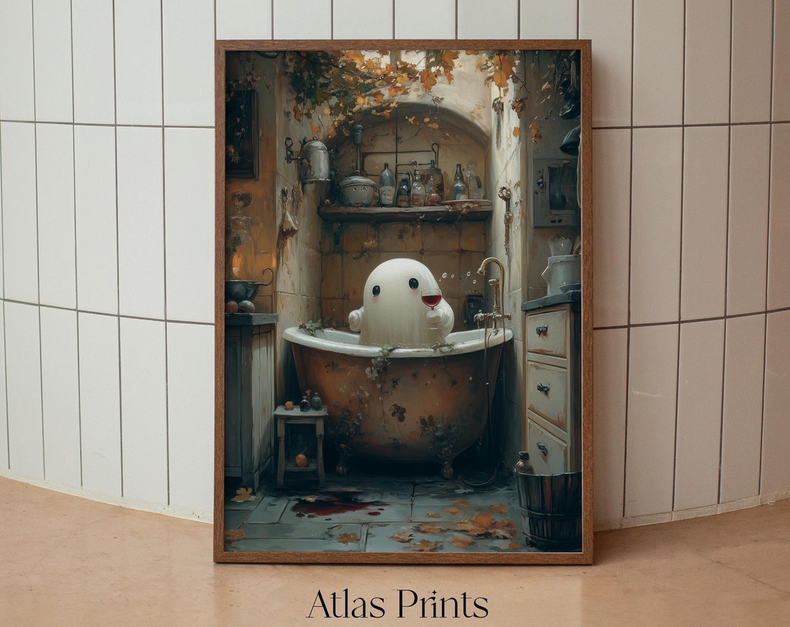 Cute Ghost In Rustic Bathroom Wine Glass Dark Academia Wall Art